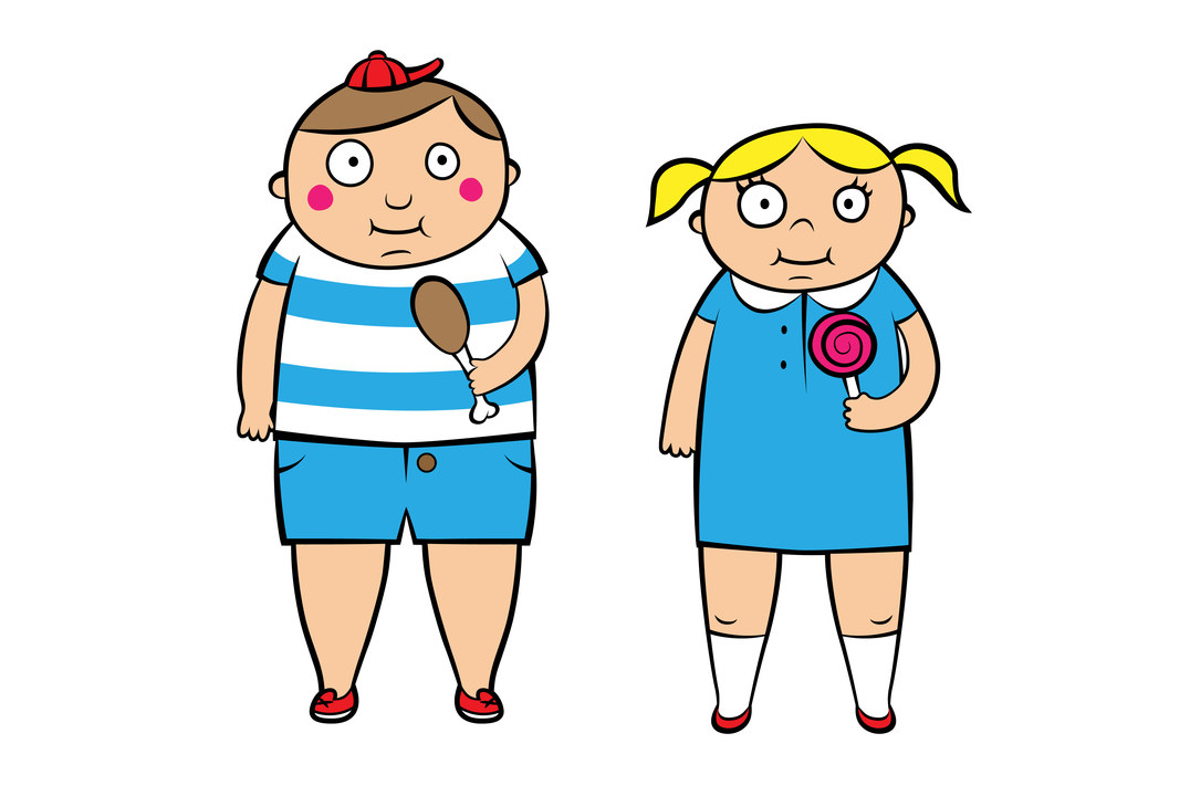 Nadwaga-i-otyłość-u-dzieci-i-młodzieży, dwoje grubych dzieci trzymających jedzenie, rysunek